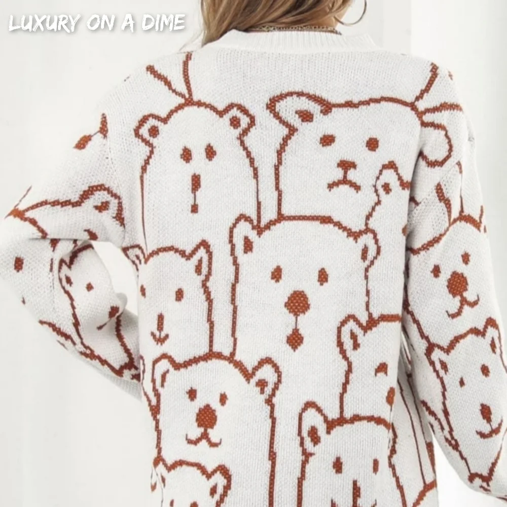 Polar Bear Round Neck Cozy Knit Long Sleeve Oversized Mini Sweater Dress White - Picture 4 of 11